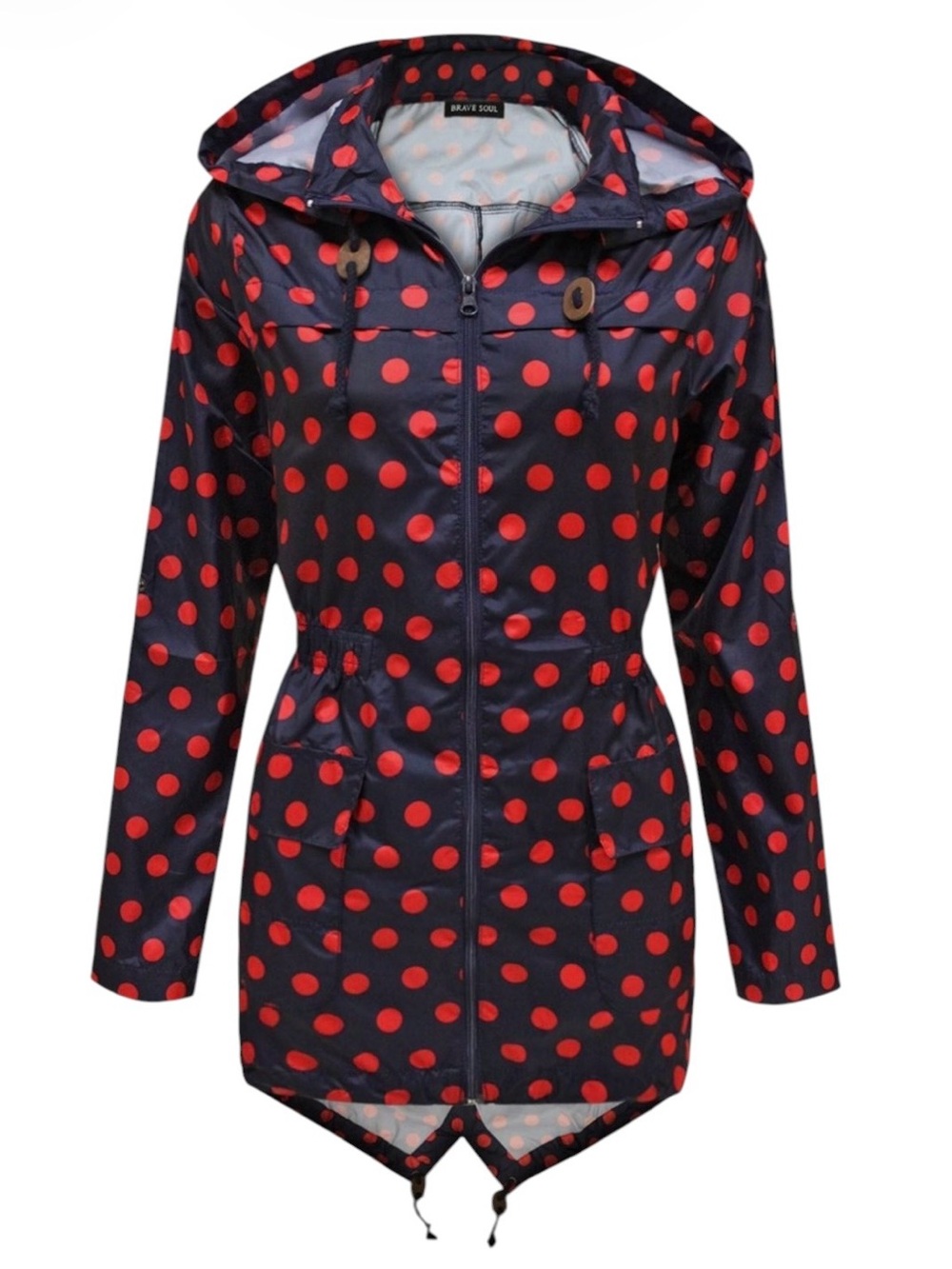 Meaveor Red&Black Polka Dot Fitted Windbreaker w Hood & Ducktail Hem
